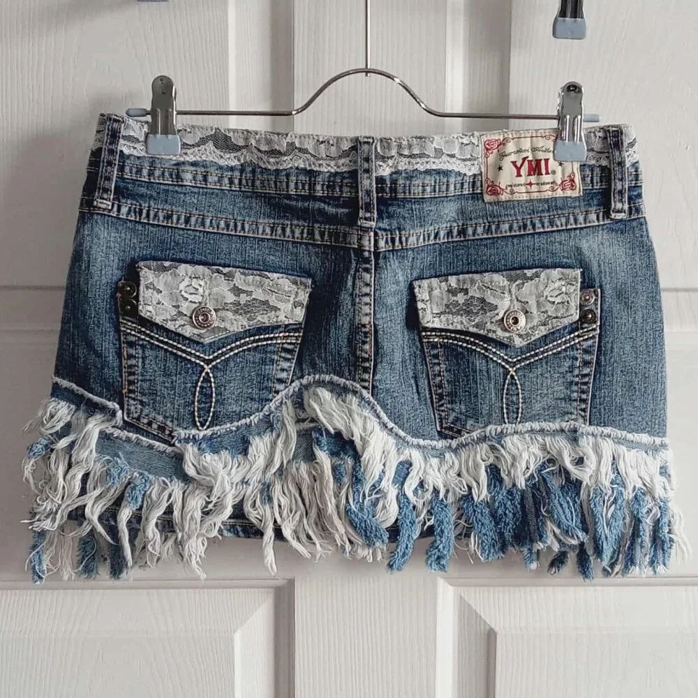 YMI Distressed Lace & Fringe Micro Denim Skirt - Picture 2 of 8